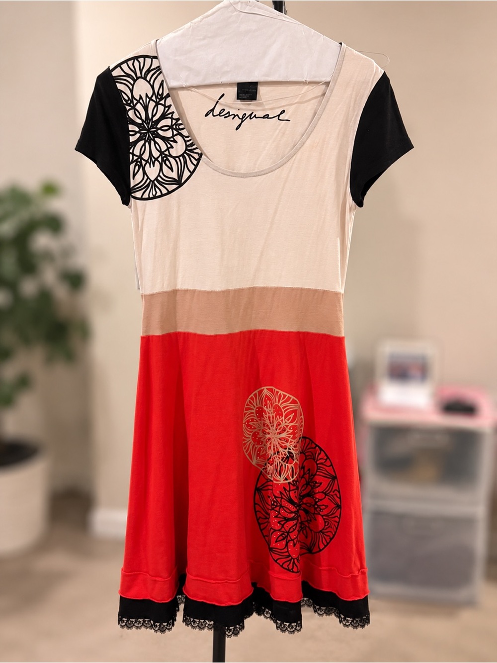 Desigual Red, Cream & Black Colorblock Short Sleeve Tunic Dress